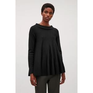 COS Wool Sweater Pleated Flounce Roll Neck Boatneck Pullover, Black